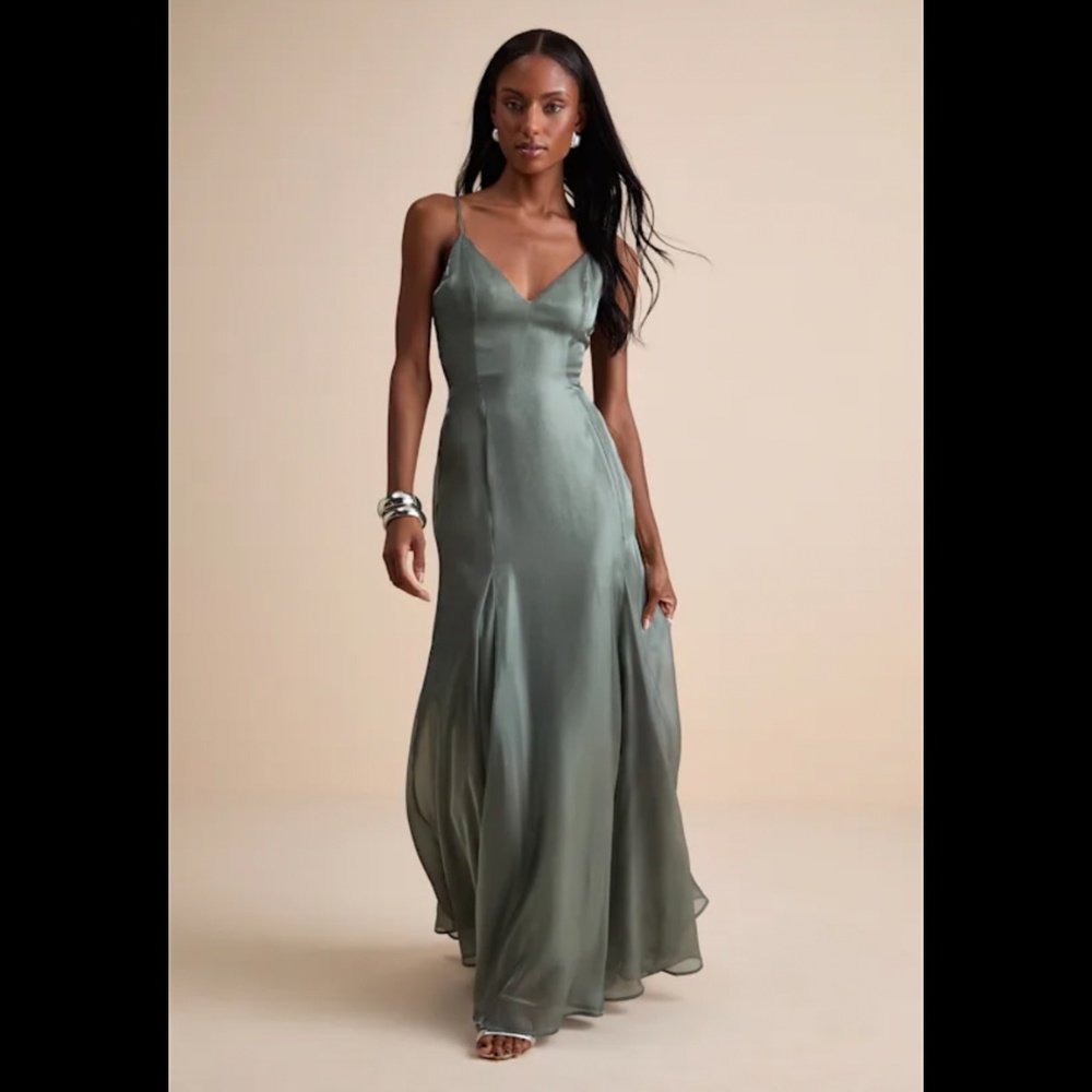 Lulus Luziel Sage Green Organza Pleated Maxi Dress - Size L